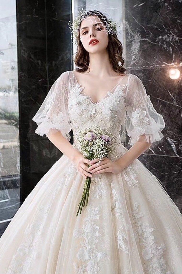 Ball Gown Wedding Dresses V Neck Half Sleeves Appliques Lace Up Back