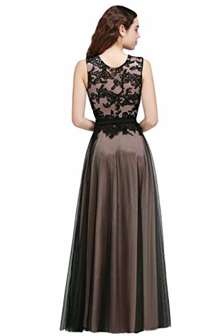 Lace Tulle Round Neck A Line Sleeveless Wedding Bridesmaid Long Evening  Festive Party Dress