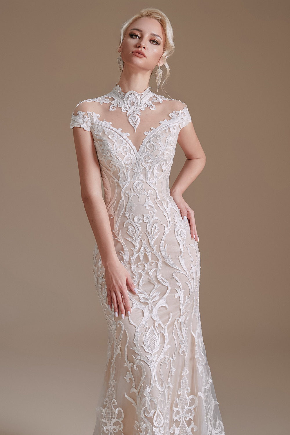 Elegant Cap Sleeves Lace Mermaid Long Beach Wedding Dresses