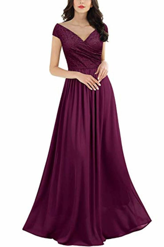 Sleeveless V-Neck Lace Chiffon Dress Bridesmaid Party Festive Chiffon Long Dress