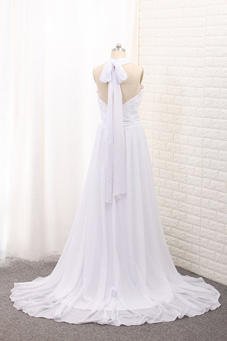 2024 Chiffon Halter With Ruffles And Slit Court Train Wedding Dresses