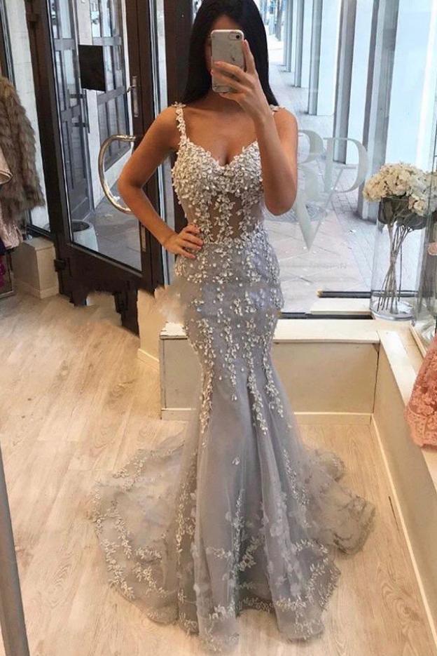 Unique Spaghetti Straps Mermaid Grey V-neck Prom Dresses with Applique SRS15467