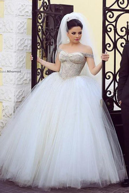 2024 Off The Shoulder Wedding Dresses A Line Tulle With Beading Floor Length