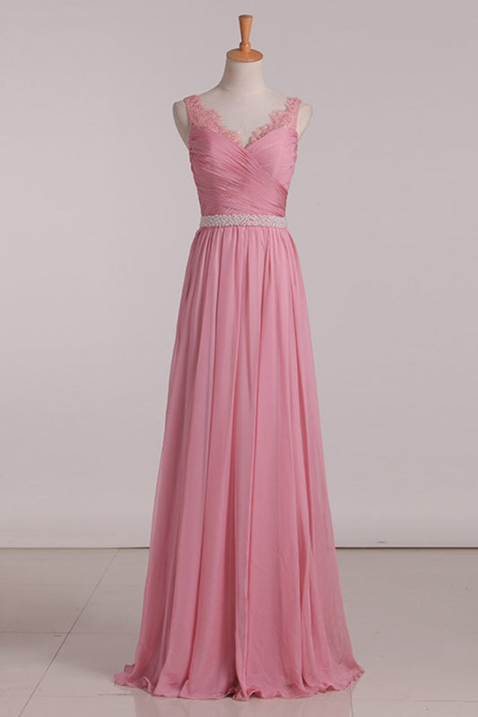 2024 Bridesmaid Dresses A Line V Neck Beaded Waistline Chiffon With Ruffles