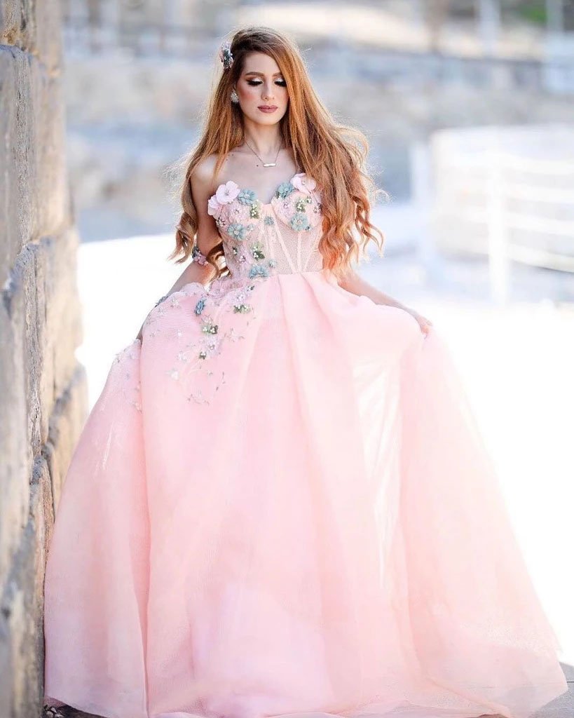 Princess Ball Gown Sweetheart Pink One Shoulder Prom Dresses, Quinceanera Dresses SRS15296