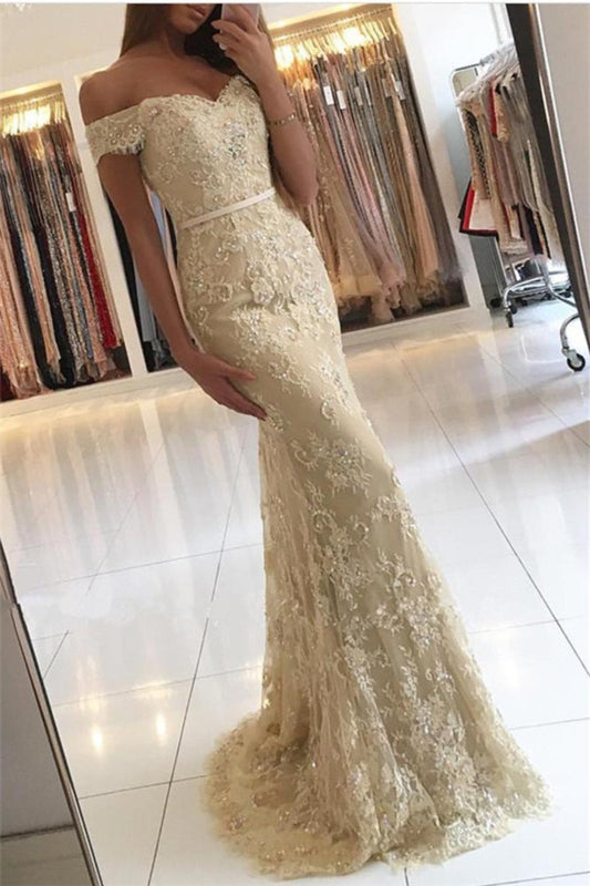 2024 Prom Dresses Off The Shoulder Lace With Beads And Sash Mermaid