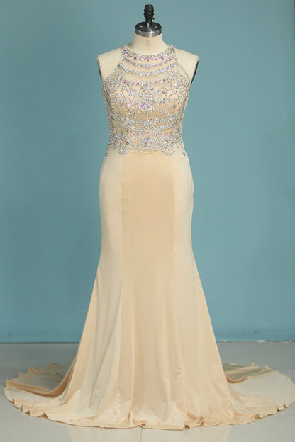 2024 Mermaid Scoop Spandex With Beading Sweep Train Prom Dresses