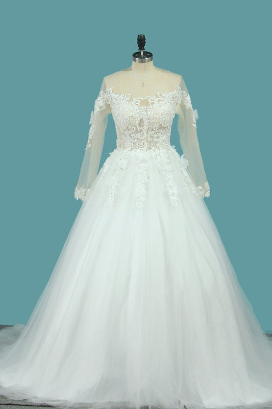 2024 A Line Long Sleeves Tulle Scoop Wedding Dresses With Applique And Beads Sweep Train