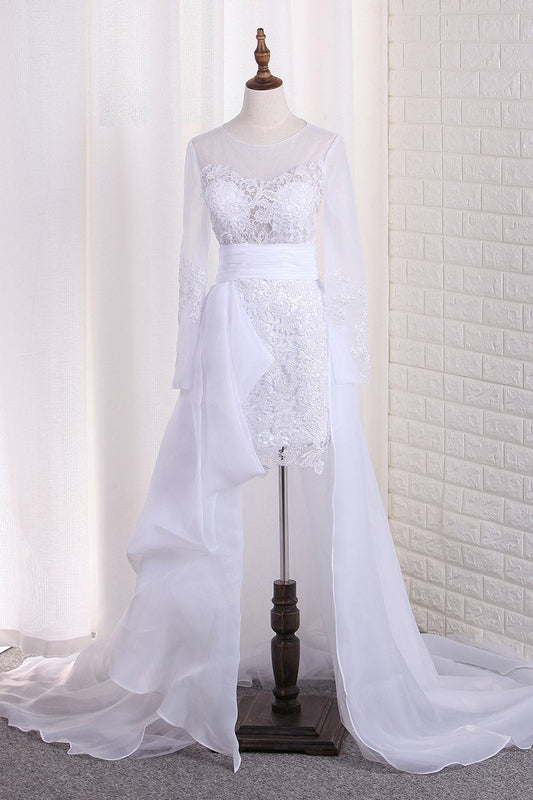 2024 Scoop Long Sleeves Wedding Dresses Tulle & Organza With Applique Sweep Train Detachable