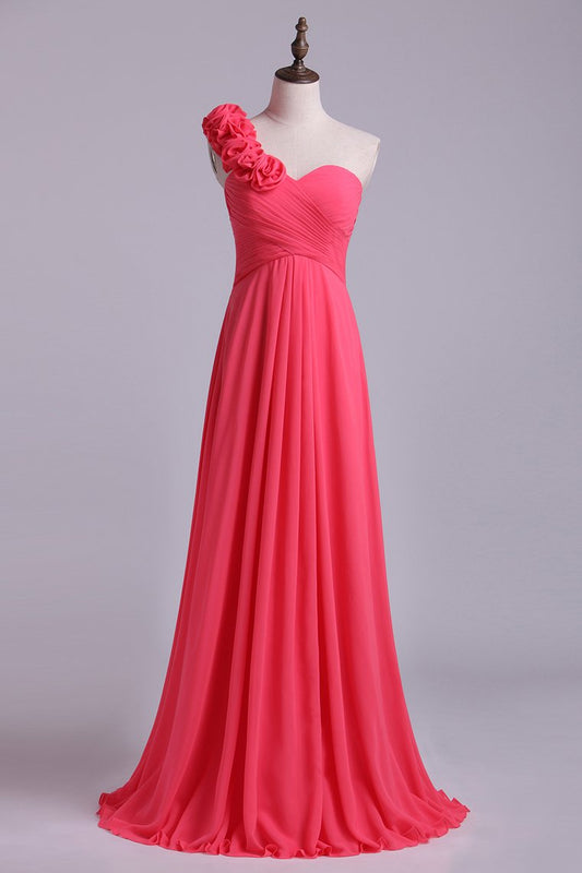 2024 One Shoulder A Line Bridesmaid Dress With Handmade Flowers Chiffon