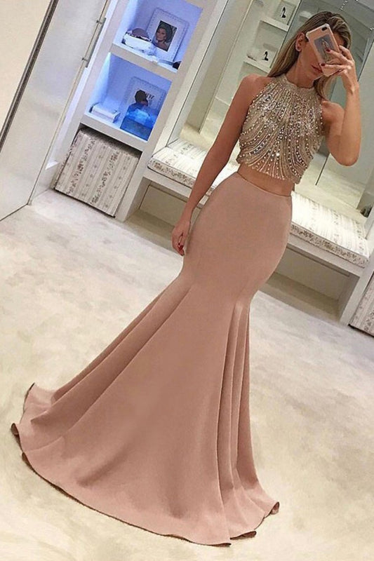 2024 Two-Piece High Neck Beaded Bodice Prom Dresses Mermaid Satin