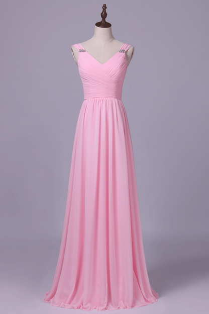 2024 Straps Bridesmaid Dresses A Line Chiffon With Ruffles Floor Length