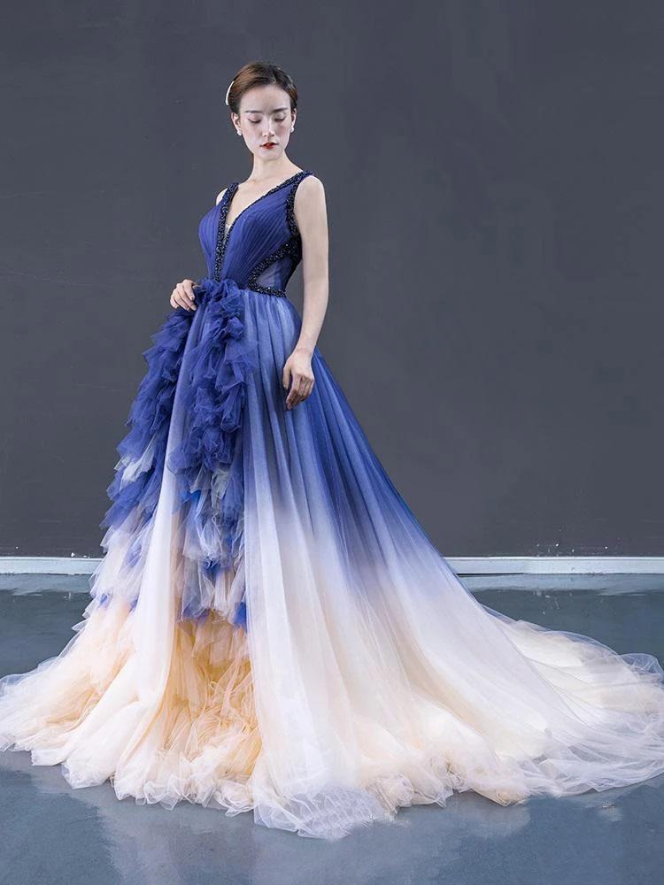 Ball Gown Ombre V Neck Tulle Royal Blue Long Prom Dresses, Quinceanera Dresses SJS15067