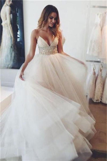 Spaghetti Straps Long Elegant Empire Waist Prom Dresses Wedding Dresses