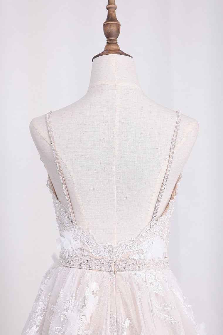 Spaghetti Straps A Line Lace Wedding Dresses With Sash And Handmade Flower