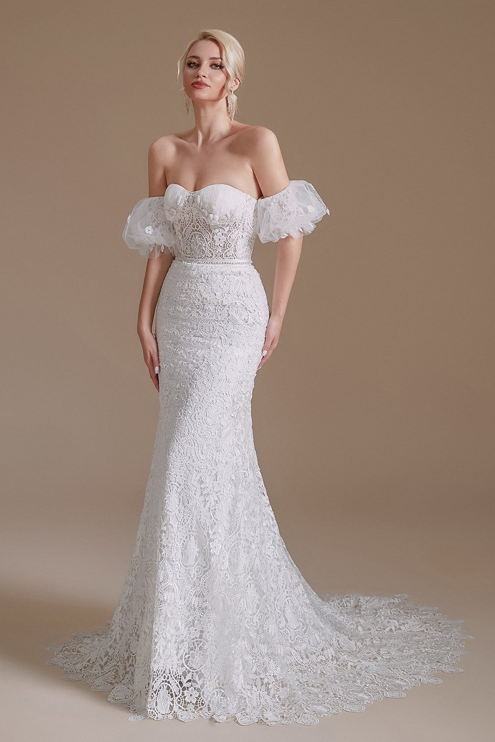 New Arrival Sweetheart Off the Shoulder Lace Long Beach Wedding Dresses