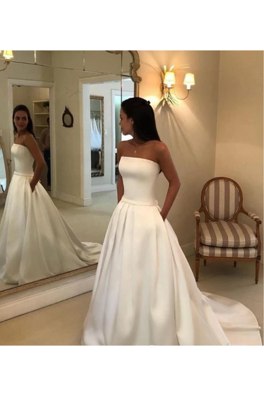 Strapless Simple Ivory Satin A Line Pleated Wedding Dresses With Court Train Bridal Dresses