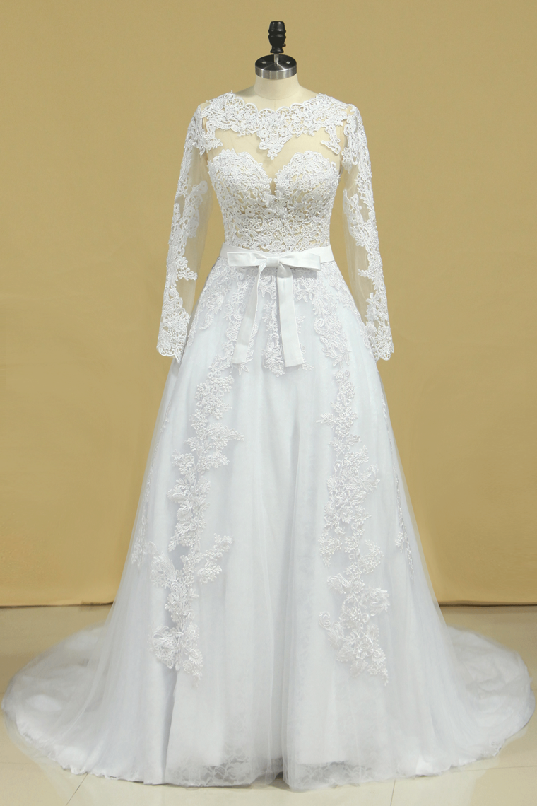 2024 Hot Wedding Dresses Scoop Long Sleeves With Applique & Sash Tulle