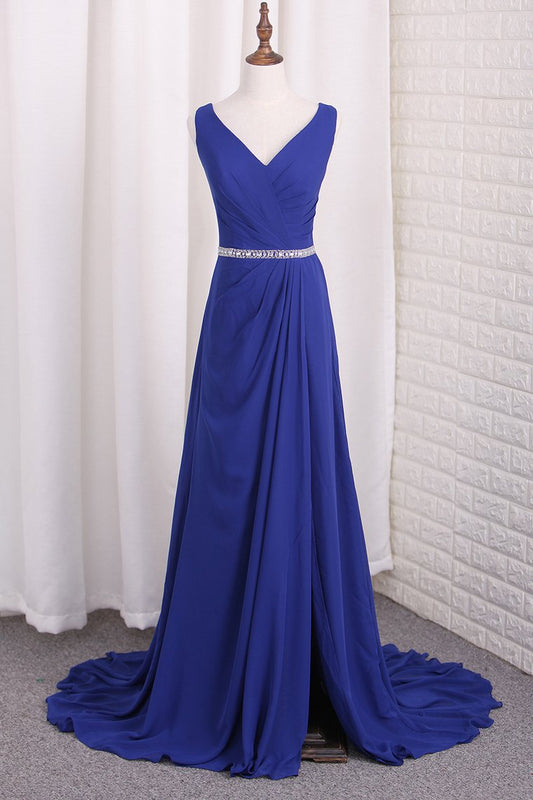 2024 A Line Chiffon V Neck Bridesmaid Dresses With Beads And Slit