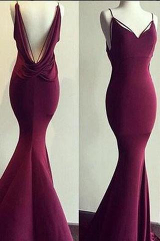 Sexy Mermaid Long Spaghetti Maroon Prom Dress Ball Gown Prom Dresses