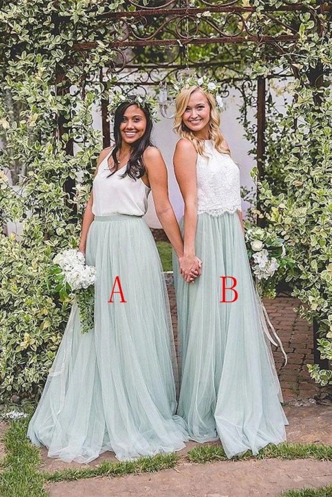 2 Pieces Tulle Ivroy And Mint Long Simple Cheap Elegant Bridesmaid Dresses SJS15543