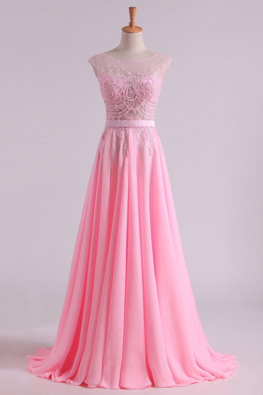 2024 Sexy Prom/Wedding Dresses With High Slit A-Line Scoop Chiffon With Embroidery & Beading