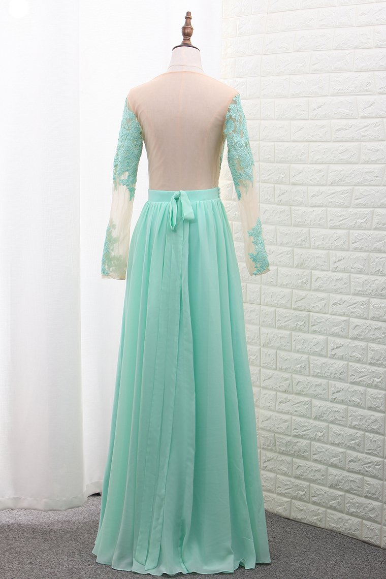 2024 Scoop A Line Chiffon Long Sleeves Prom Dresses With Applique Floor Length