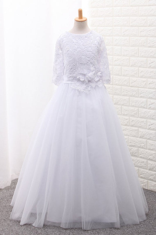 Mid-Length Sleeves Scoop Ball Gown Flower Girl Dresses Tulle With Sash