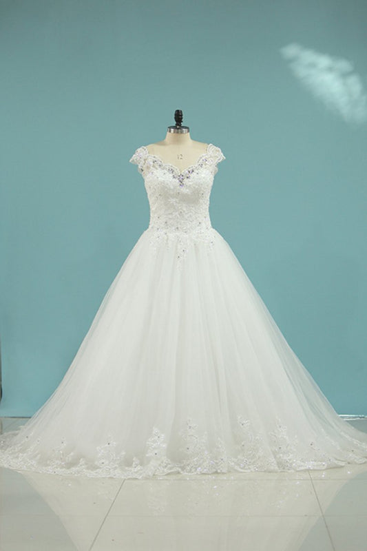 Tulle Wedding Dresses A Line Off The Shoulder With Applique And Beads