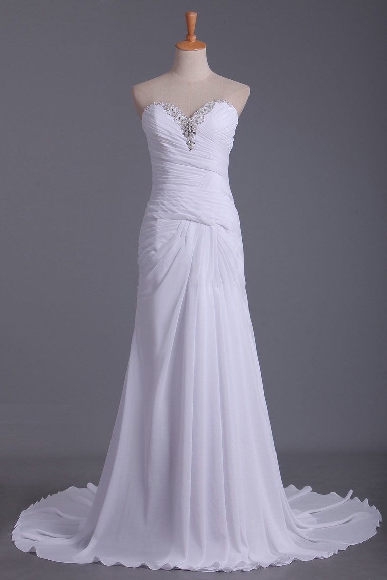 Wedding Dresses Sweetheart Sheath With Beads And Ruffles Chiffon Court Train