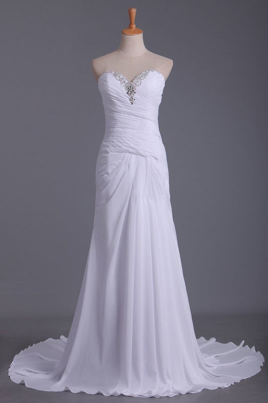 Wedding Dresses Sweetheart Sheath With Beads And Ruffles Chiffon Court Train