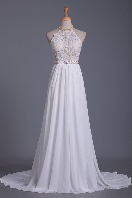 2024 Halter A Line Wedding Dresses Chiffon With Applique