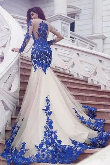 Mermaid Royal Blue Scoop Appliques Tulle Prom Dresses Long Evening SRS20464