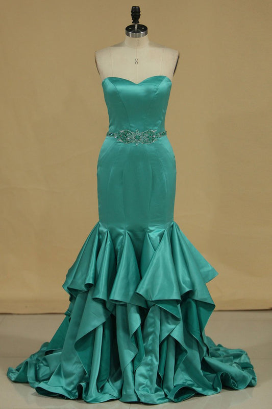 2024 New Arrival Sweetheart Prom Dresses Mermaid Beaded Waistband Satin