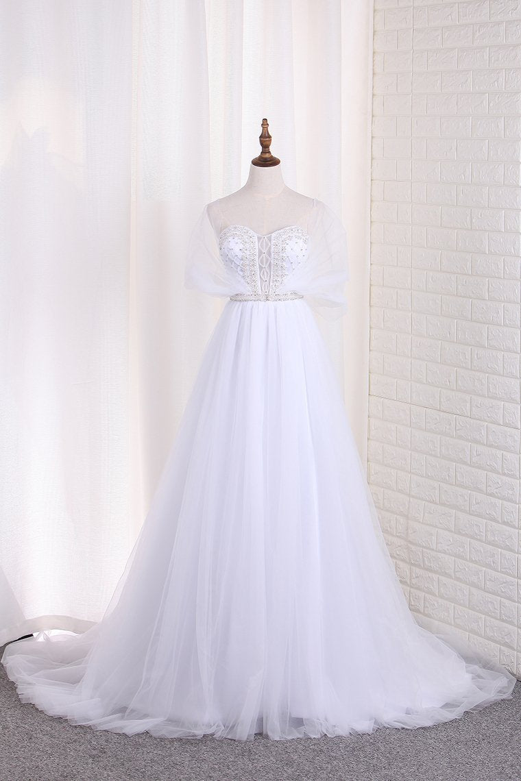 Tulle A Line Sweetheart Beaded Bodice Wedding Dresses Court Train