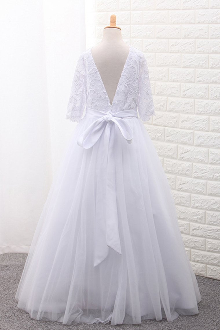 Tulle Scoop Flower Girl Dresses Ball Gown Mid-Length Sleeves With Sash