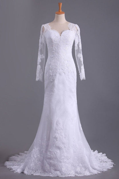 2024 Long Sleeves V Neck  Open Back Wedding Dresses Tulle With Applique Sheath