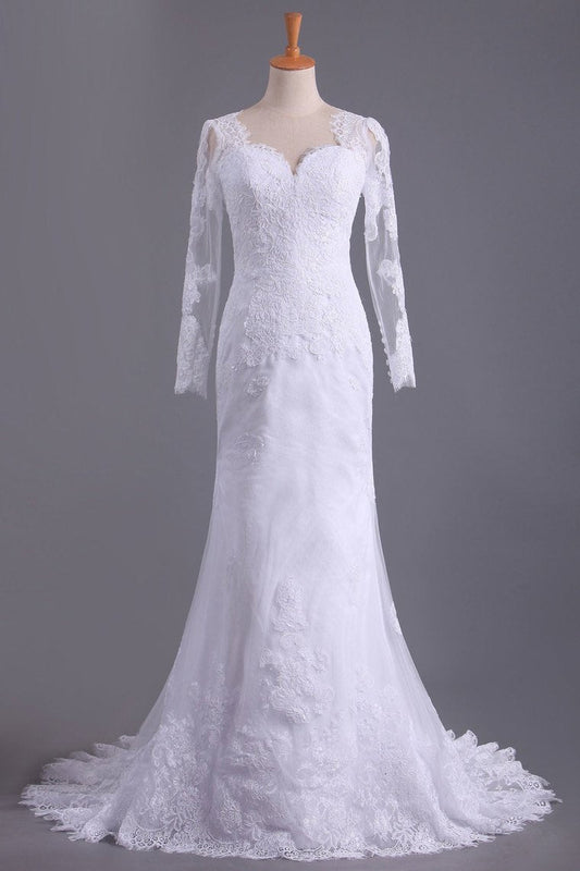 2024 Long Sleeves V Neck  Open Back Wedding Dresses Tulle With Applique Sheath