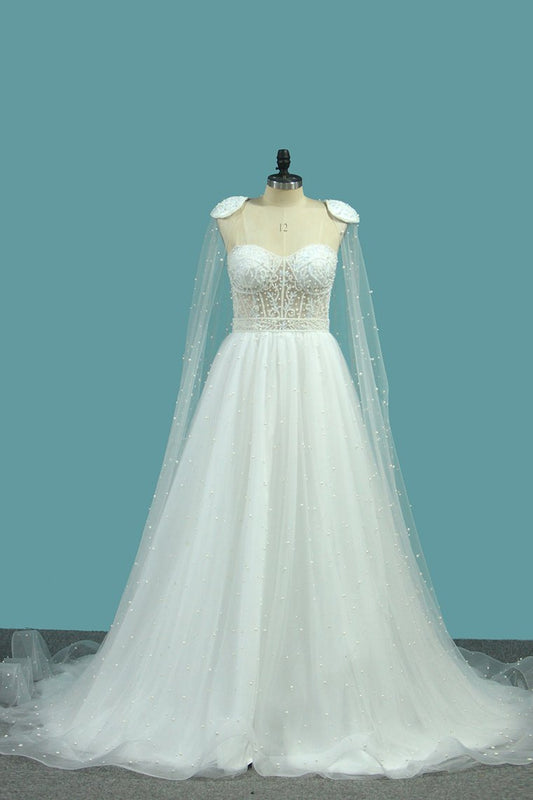 Sweetheart Wedding Dresses A Line Tulle With Beads Sweep Train