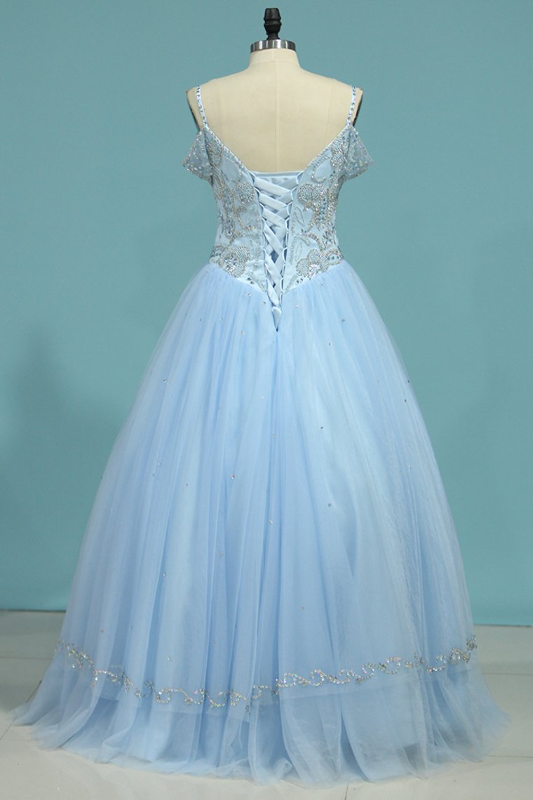 New Arrival Spaghetti Straps Tulle With Beading Quinceanera Dresses