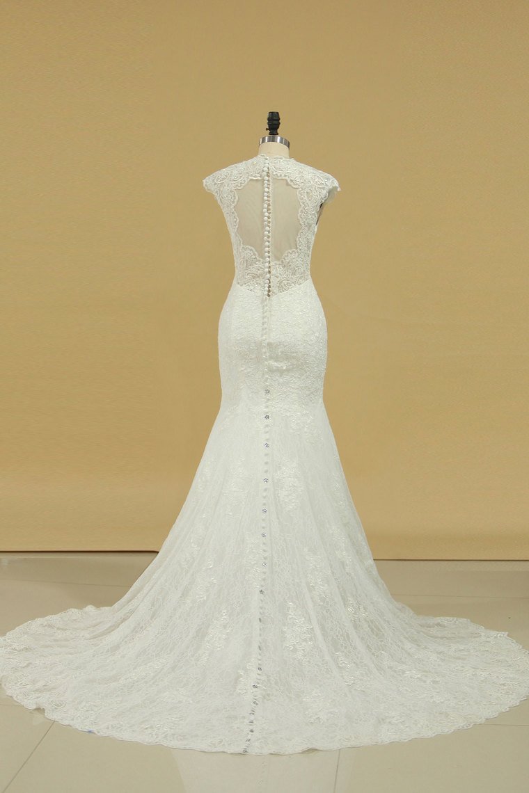 Wedding Dresses V Neck Cap Sleeve With Applique Mermaid Lace