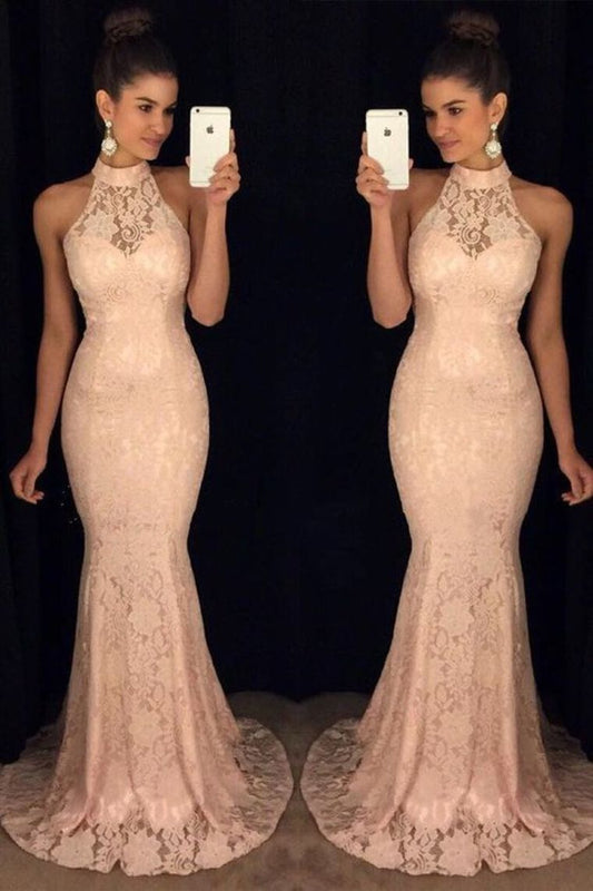 2024 Gorgeous Lace High Neck Prom Dresses Mermaid Zipper Up