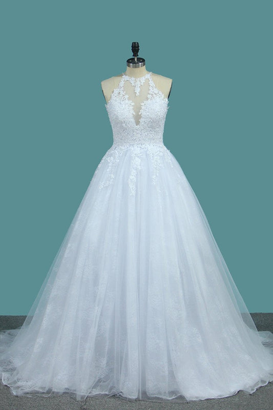 2024 Tulle & Lace Wedding Dresses Scoop A Line With Applique Sweep Train