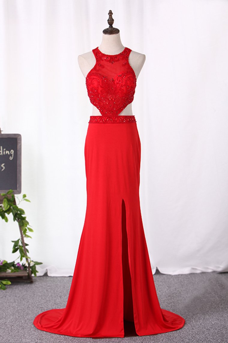 2024 Sexy Open Back Scoop Mermaid Prom Dresses Spandex With Embroidery And Slit