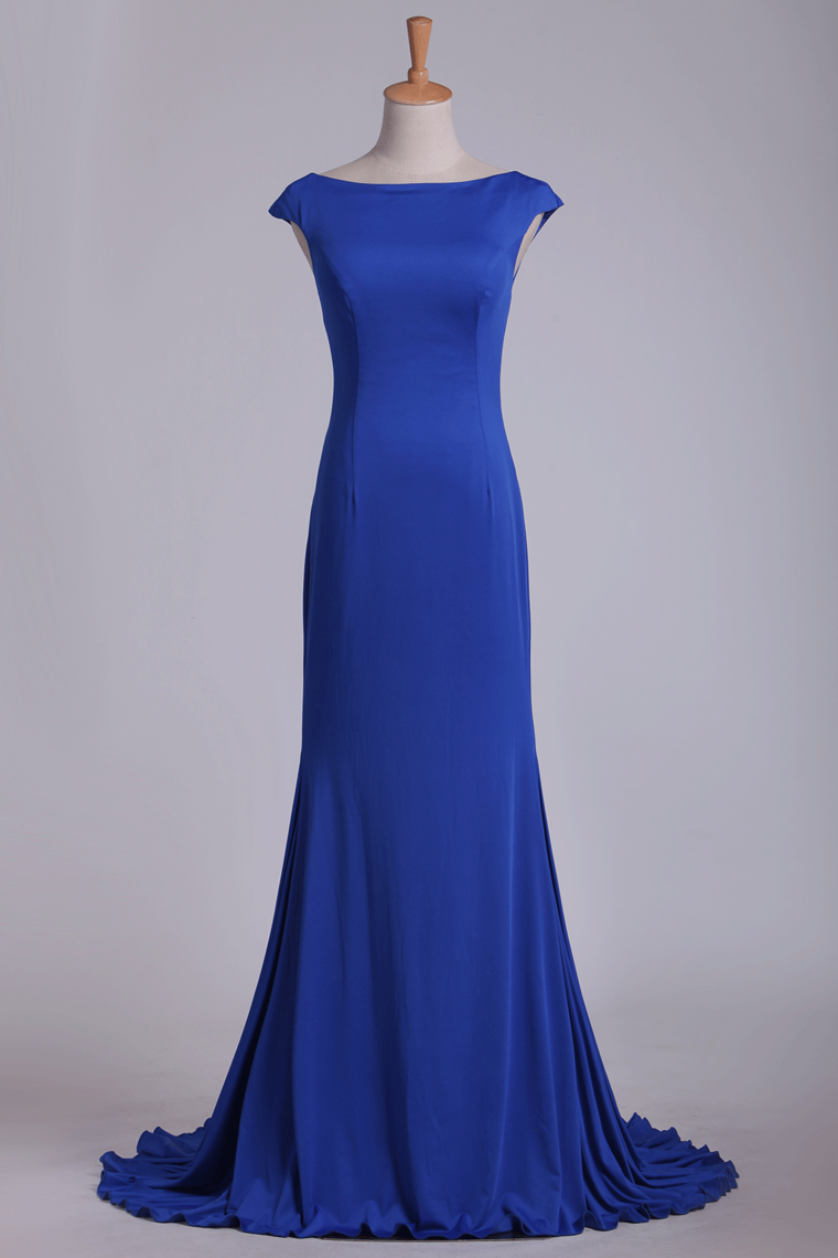 2024 Open Back Bateau Spandex Evening Dresses Mermaid Sweep Train