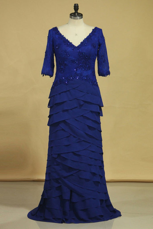 2024 Dark Royal Blue Mother Of The Bride Dresses Chiffon V Neck With 3/4 Length Sleeves