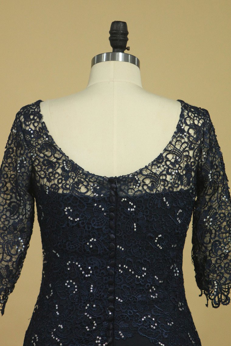 2024 Mother Of The Bride Dresses Scoop 3/4 Length Sleeve Dark Navy Spandex & Lace With Beads