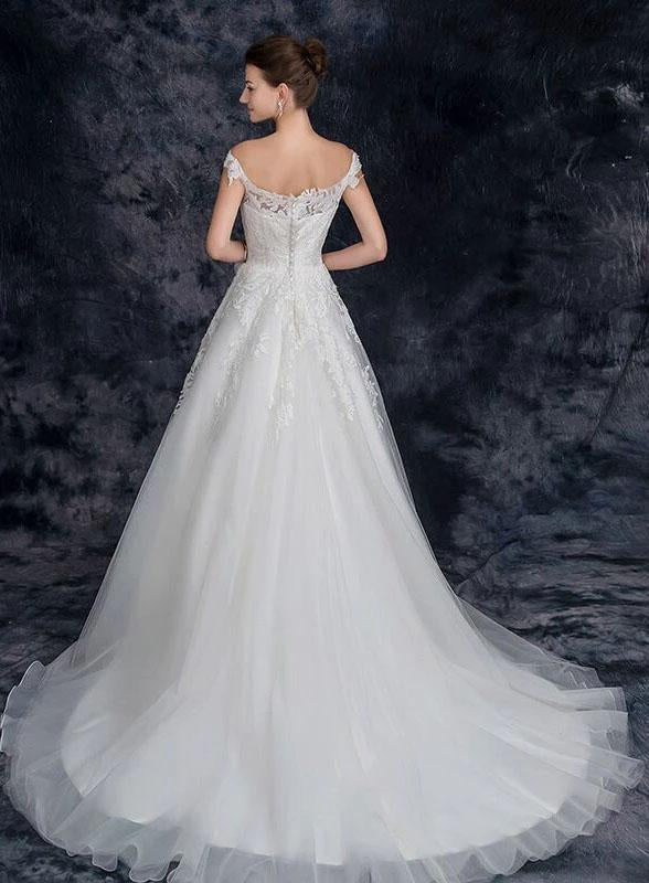 Off the Shoulder Tulle Wedding Dress with Lace Applique, A Line Long Bridal Dresses SRS15273