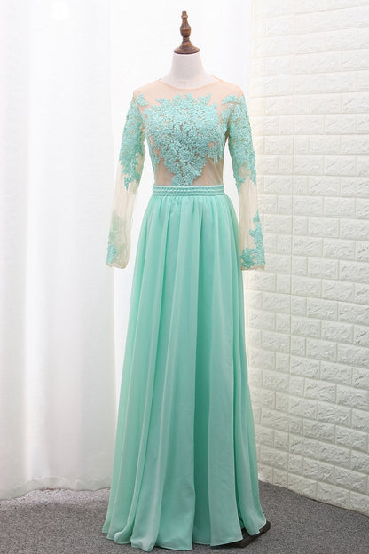 2024 Scoop A Line Chiffon Long Sleeves Prom Dresses With Applique Floor Length