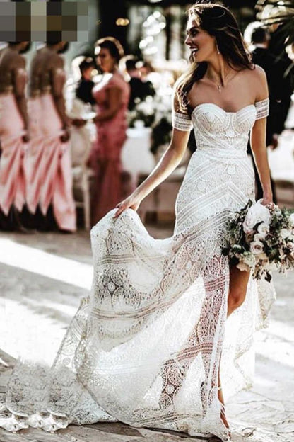 Modest Sweetheart Neck Lace Bridal Dress Beach Wedding Dresses, Sexy Boho Bridal Dress